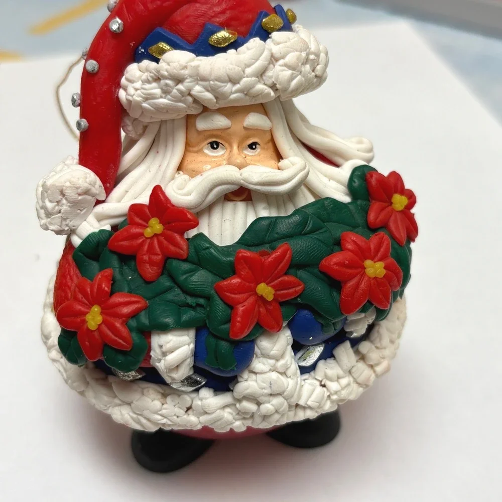 Traditions Vintage Christmas Ornament Santa Claus Poinsettia Polymer Clay Glass